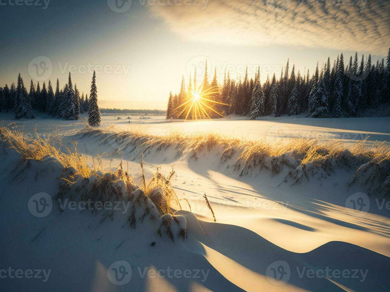 ai généré magnifique hiver paysage avec le coucher du soleil dans le neigeux montagnes, des arbres couvert avec neige photo