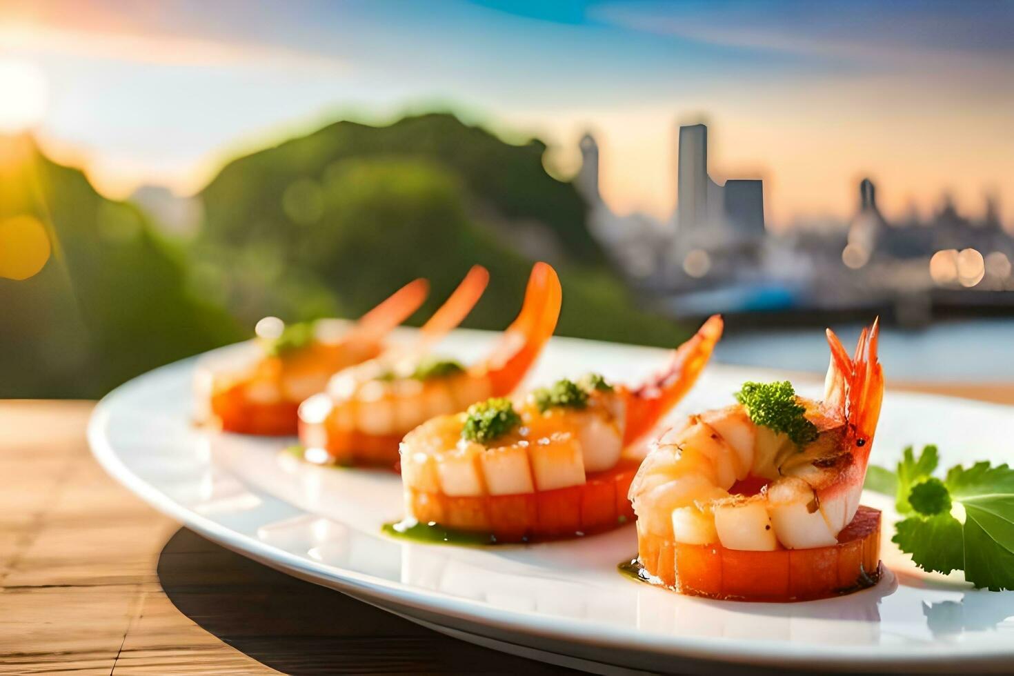 ai généré une assiette de crevette avec une vue de le ville. généré par ai photo