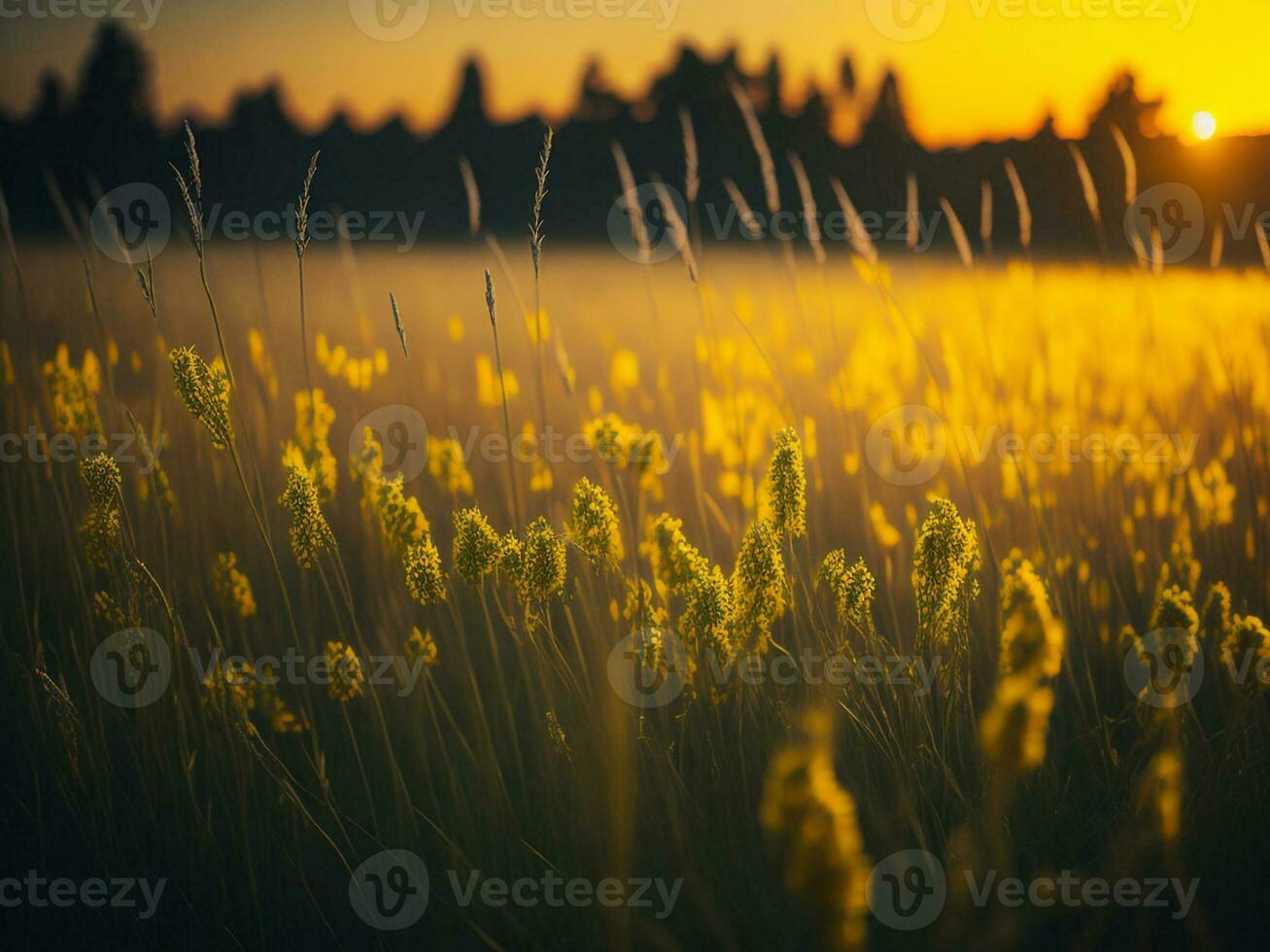 ai généré abstrait doux concentrer le coucher du soleil champ paysage de Jaune fleurs et herbe Prairie chaud d'or heure le coucher du soleil lever du soleil temps. tranquille printemps été la nature fermer et flou forêt Contexte. photo