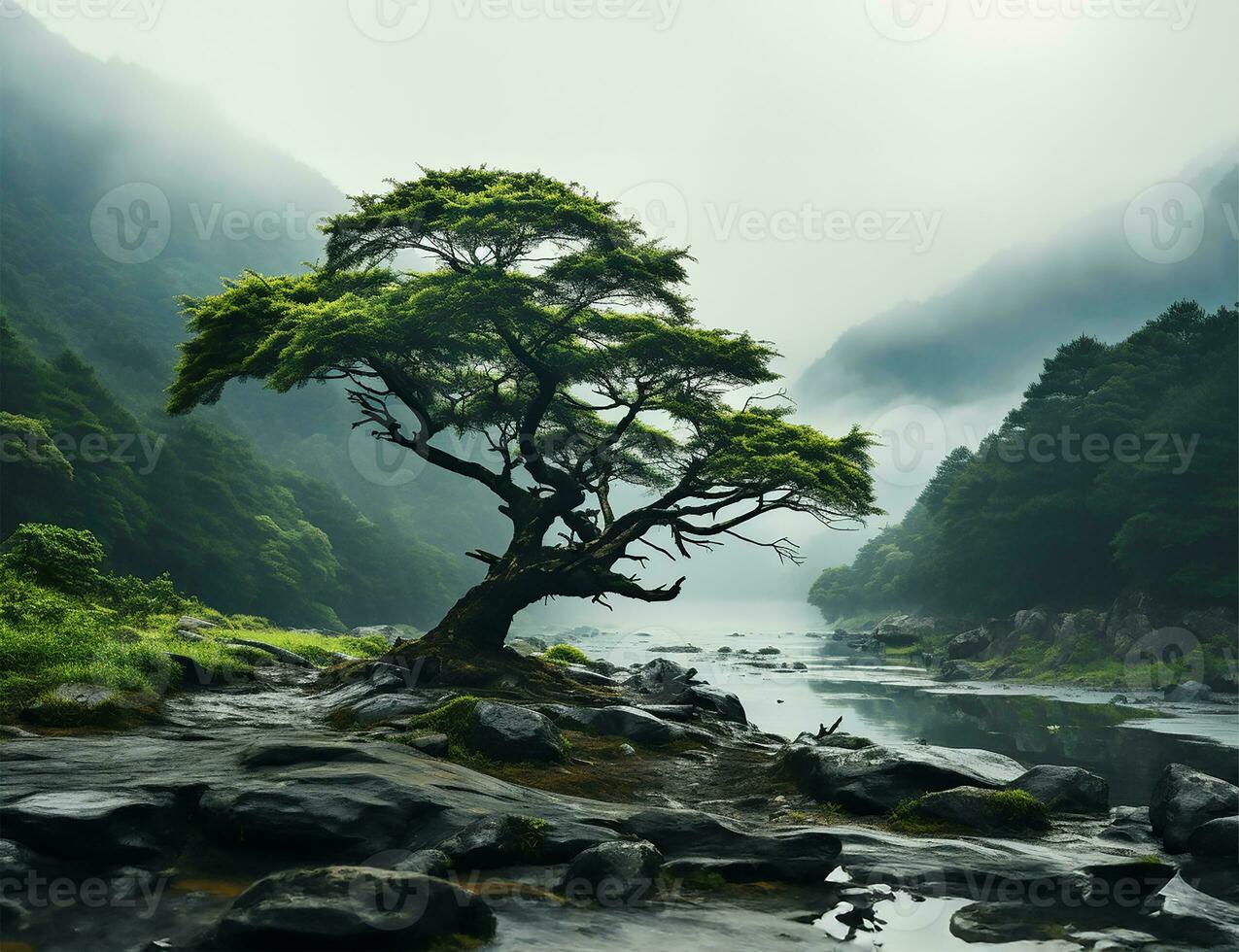 ai généré solitaire arbre croissance dans le milieu de une jungle sur une brumeux journée photo