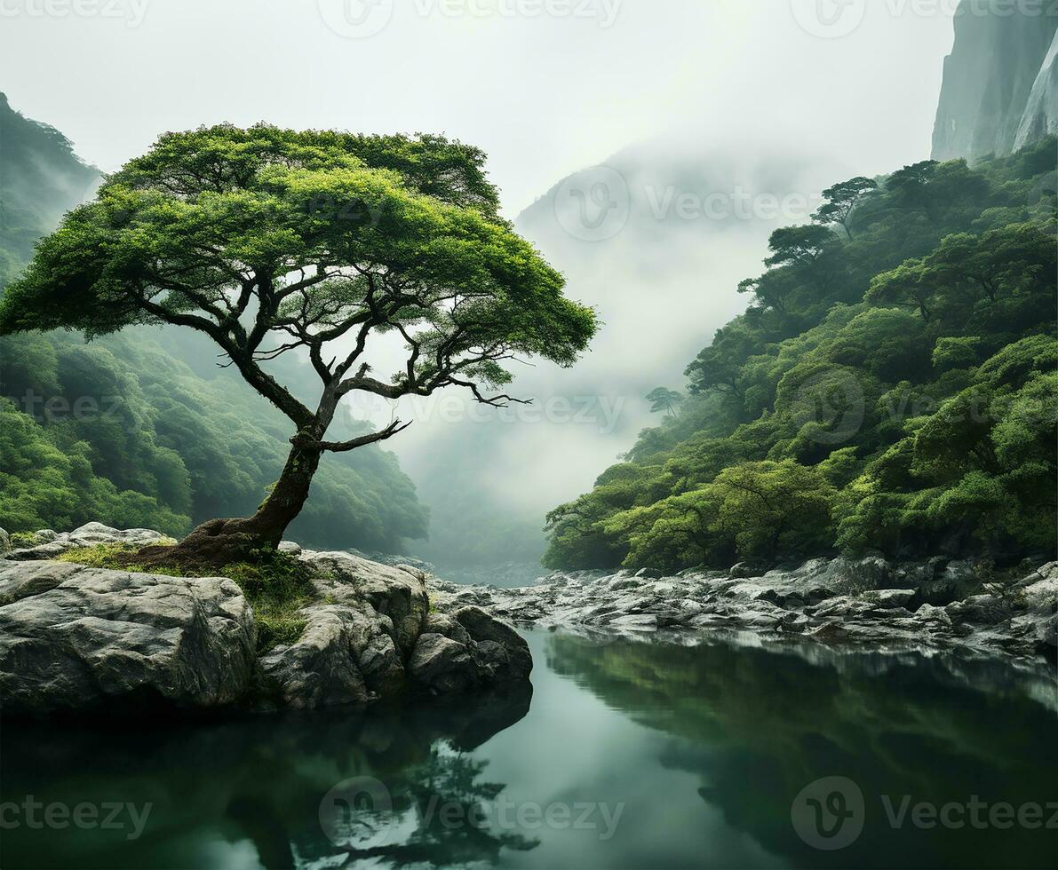 ai généré solitaire arbre croissance dans le milieu de une jungle sur une brumeux journée photo