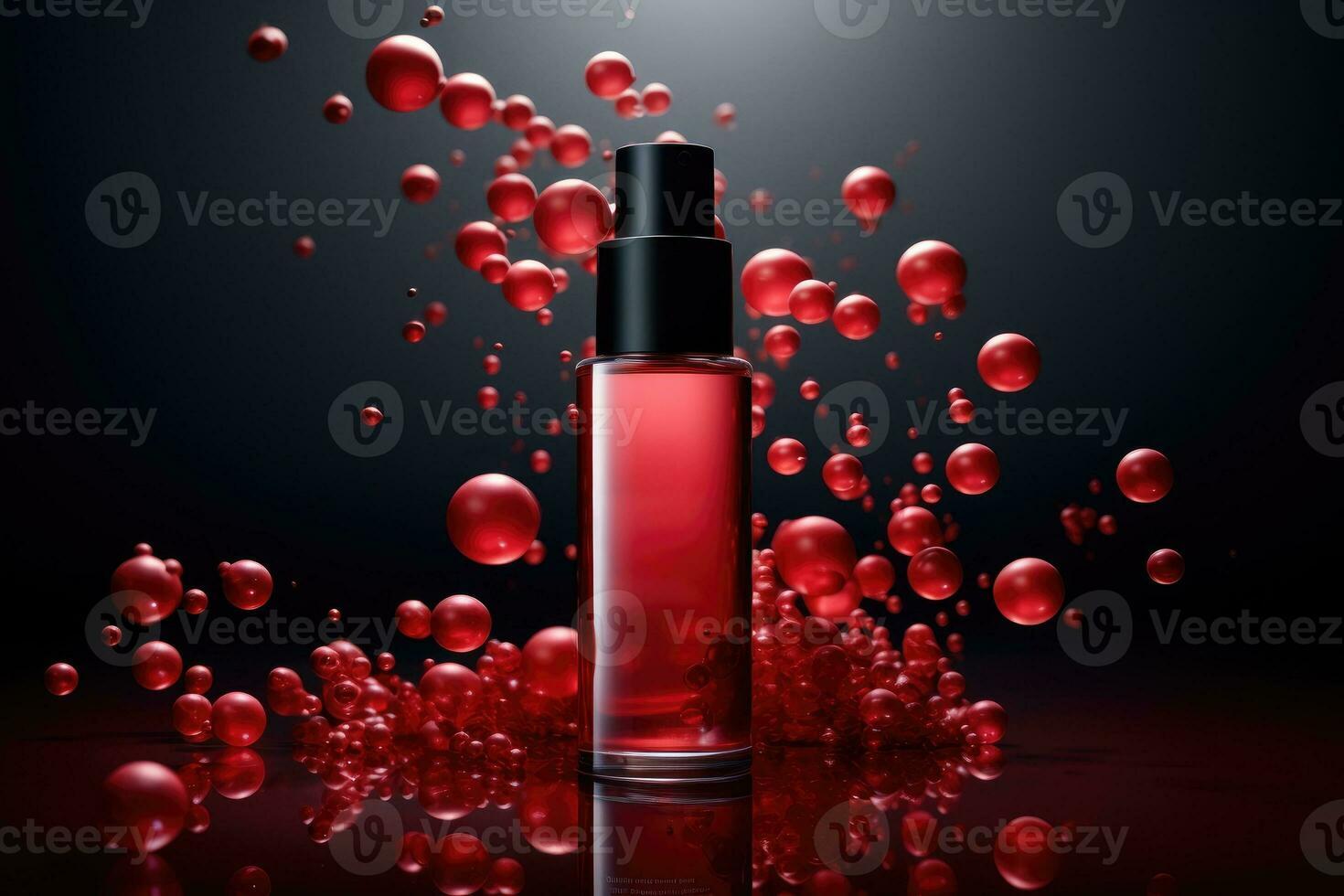 ai généré cosmétique bouteille avec essence, rouge bulles molécules dans le Contexte. beauté produit moquer en haut photo