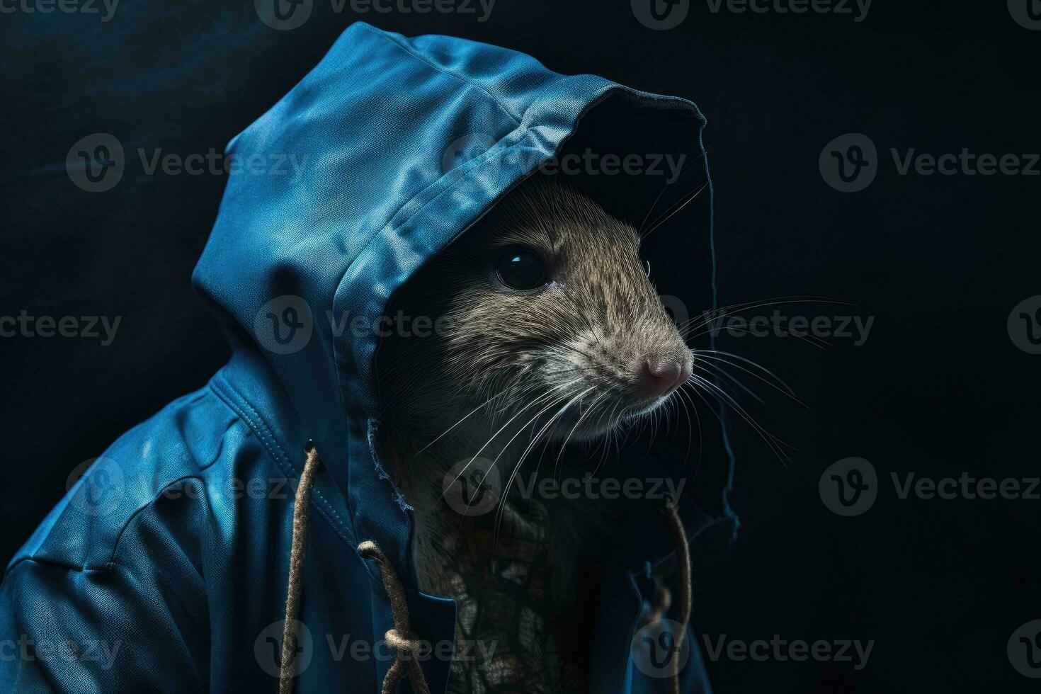 ai généré une rat dans une bleu veste avec une capuche sur une foncé Contexte photo