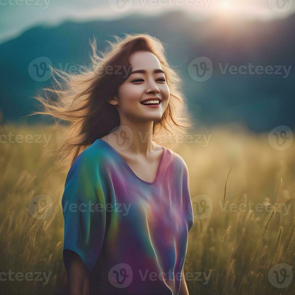 ai généré magnifique femme en riant dans une champ avec une arc en ciel coloré chemise photo