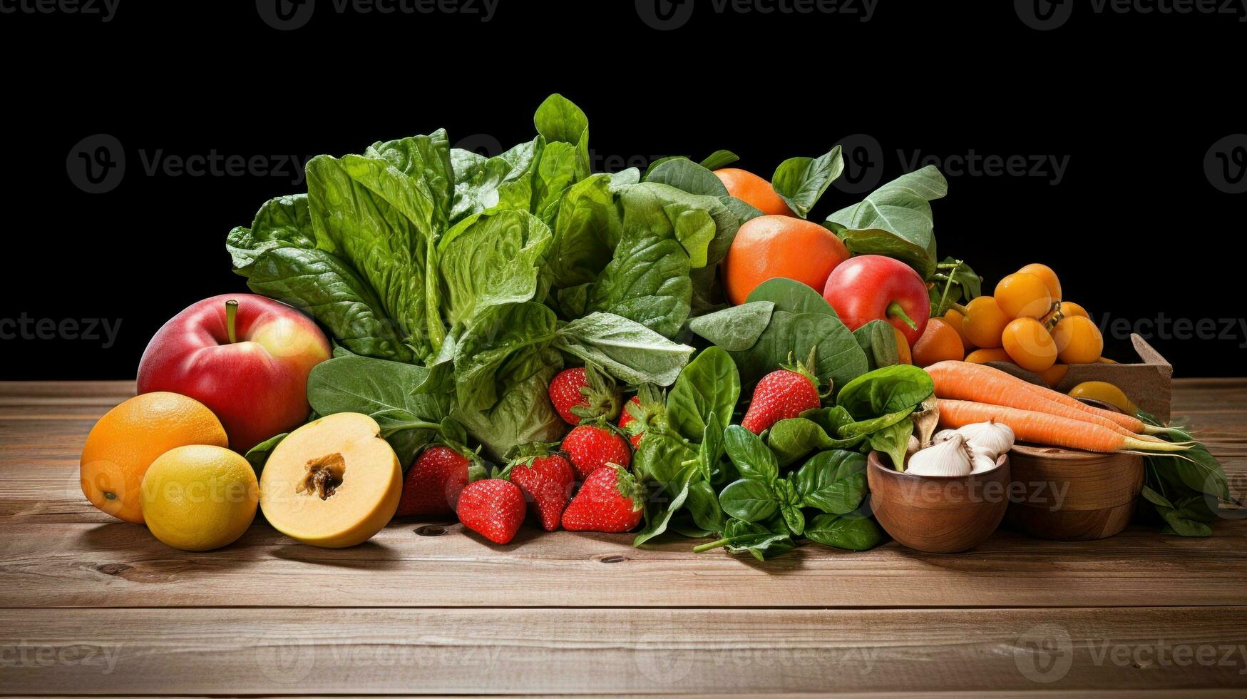 ai généré une pile de des fruits et des légumes sur une en bois tableau, ai photo