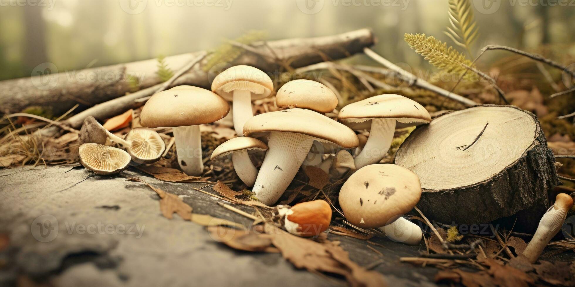 ai généré une groupe de champignons séance sur Haut de une forêt sol, ai photo