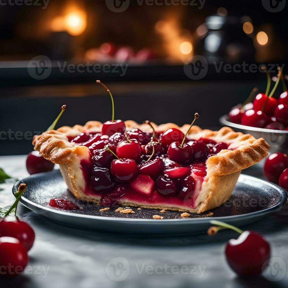 ai généré Cerise tarte dans une luxueux assiette photo