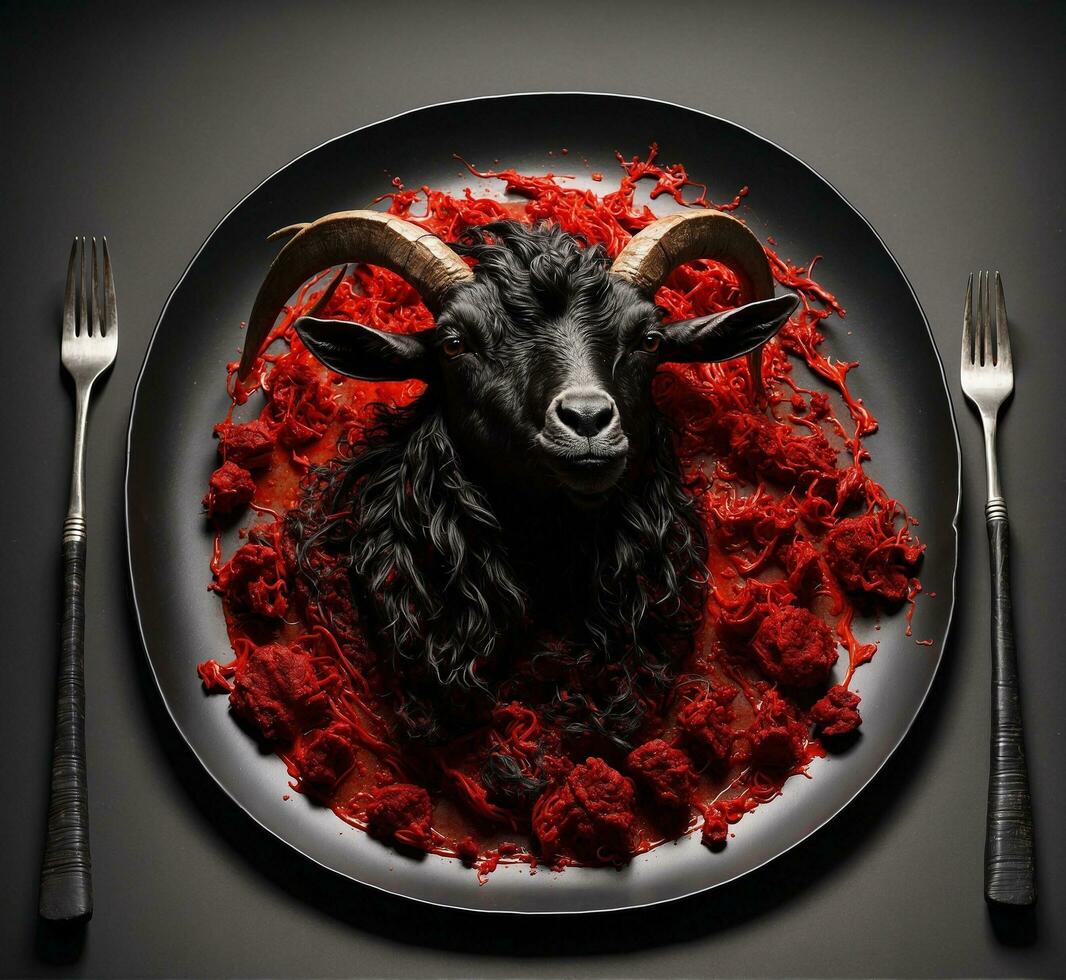 ai généré noir chèvre sur une assiette avec rouge du sang et une fourchette et couteau photo