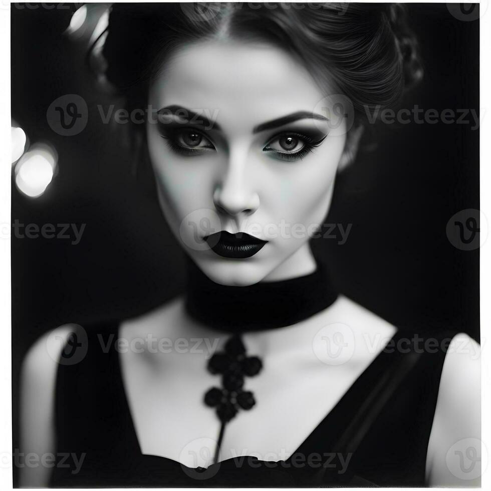 ai généré noir et blanc portrait de une Jeune femme photo