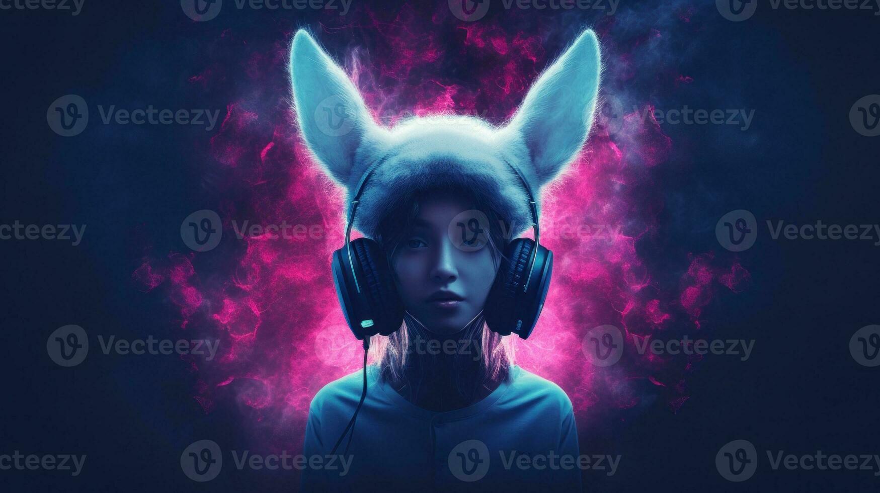 ai généré une fille portant écouteurs et une lapin oreilles costume, ai photo