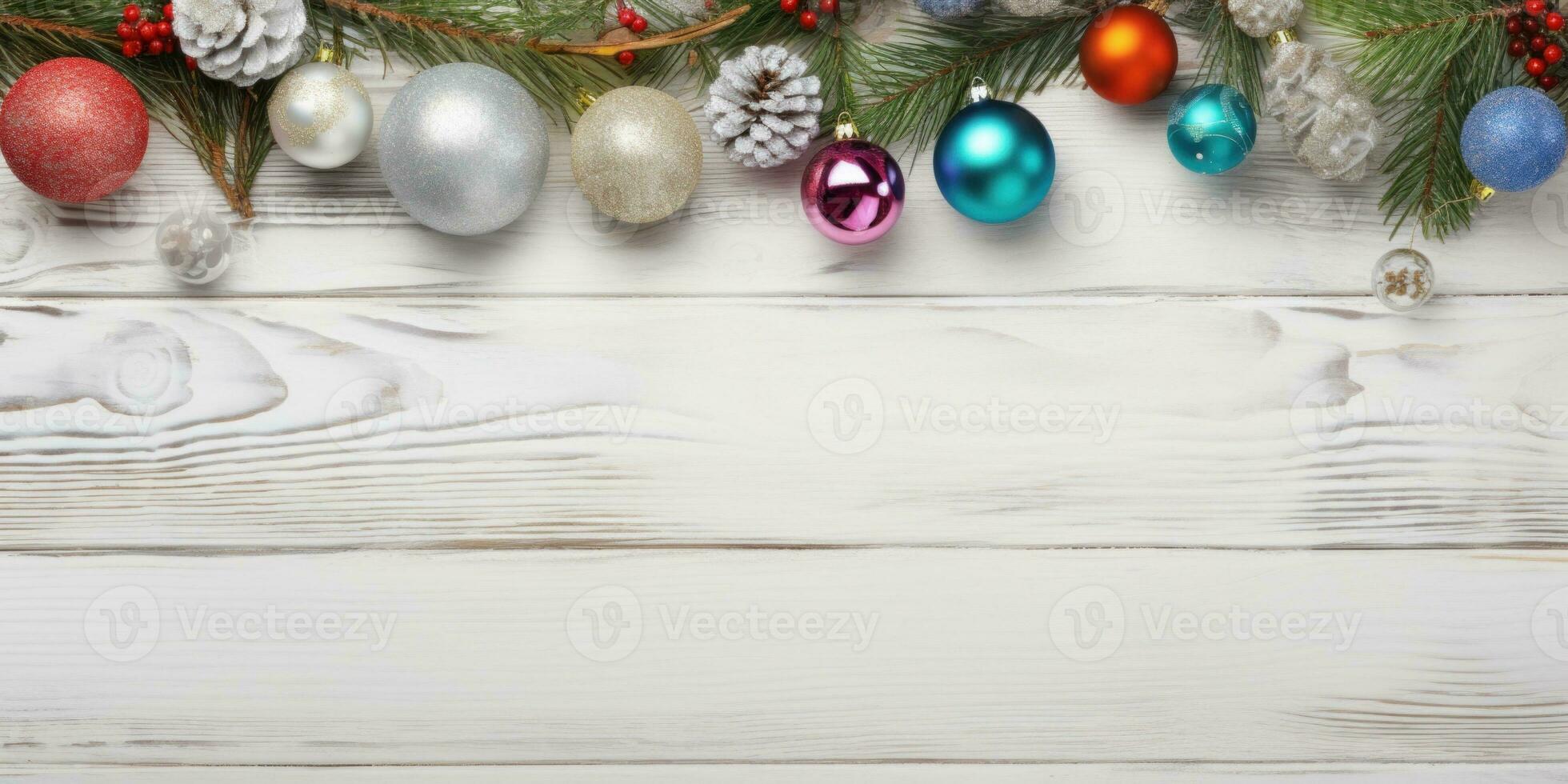 ai généré une blanc en bois table surmonté avec Noël ornements, ai photo