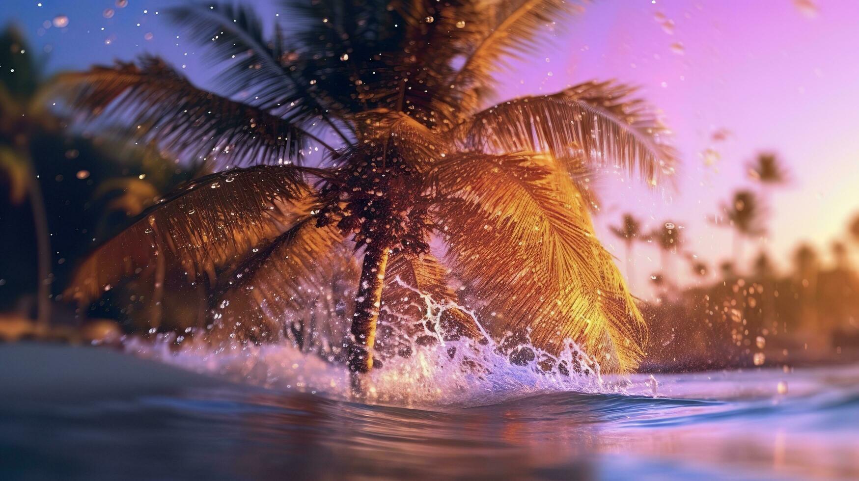 ai généré plage avec vagues et noix de coco des arbres à le coucher du soleil. génératif ai photo