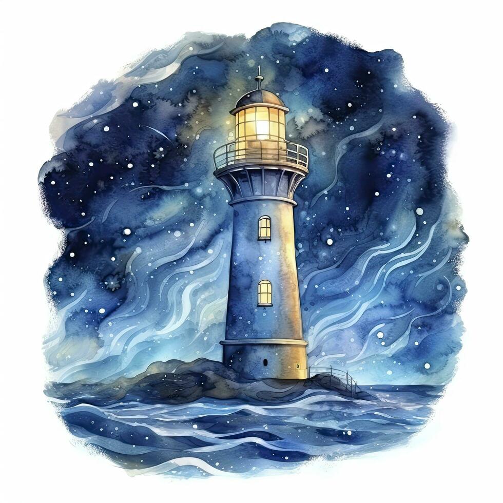 ai généré phare à côté de le mer à nuit. aquarelle pour T-shirt conception. ai généré photo