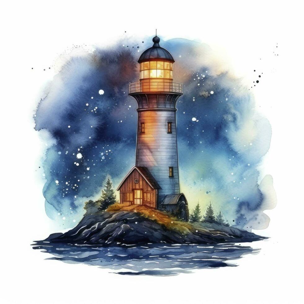 ai généré phare à côté de le mer à nuit. aquarelle pour T-shirt conception. ai généré photo