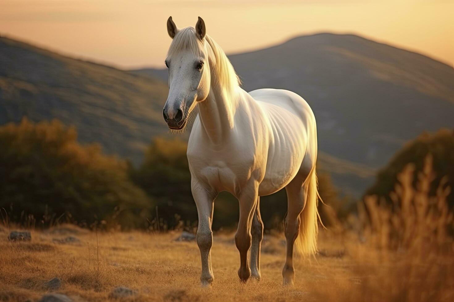 ai généré blanc cheval ou jument dans le montagnes à le coucher du soleil. ai généré photo