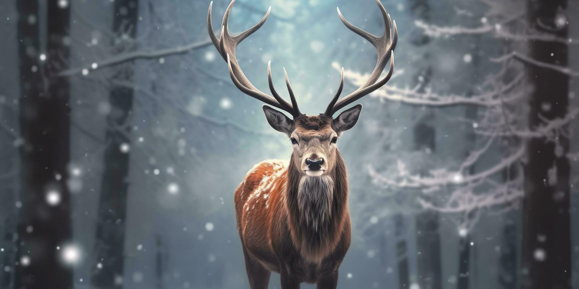 ai généré noble cerf Masculin dans le hiver neige forêt. artistique hiver Noël paysage. ai généré photo