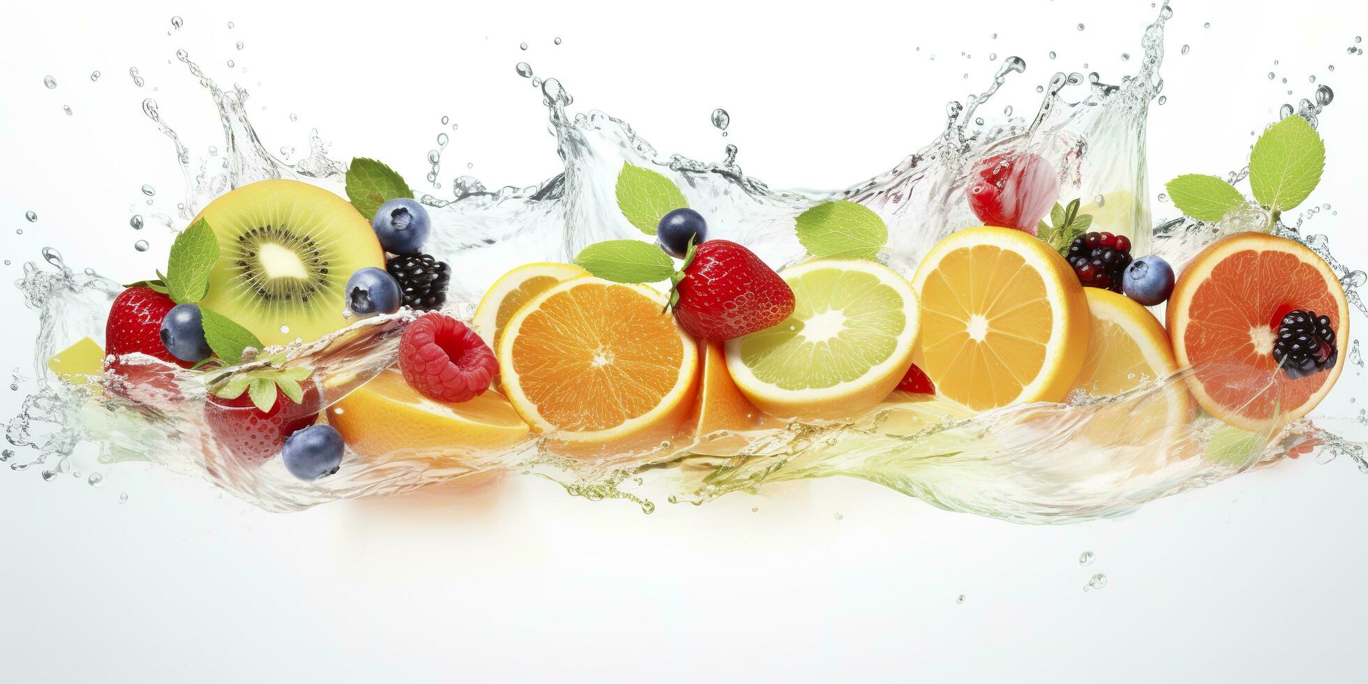 ai généré tourbillon l'eau éclaboussure avec des fruits. liquide couler avec la glace cubes et une mélanger de Frais des fruits. génératif ai photo