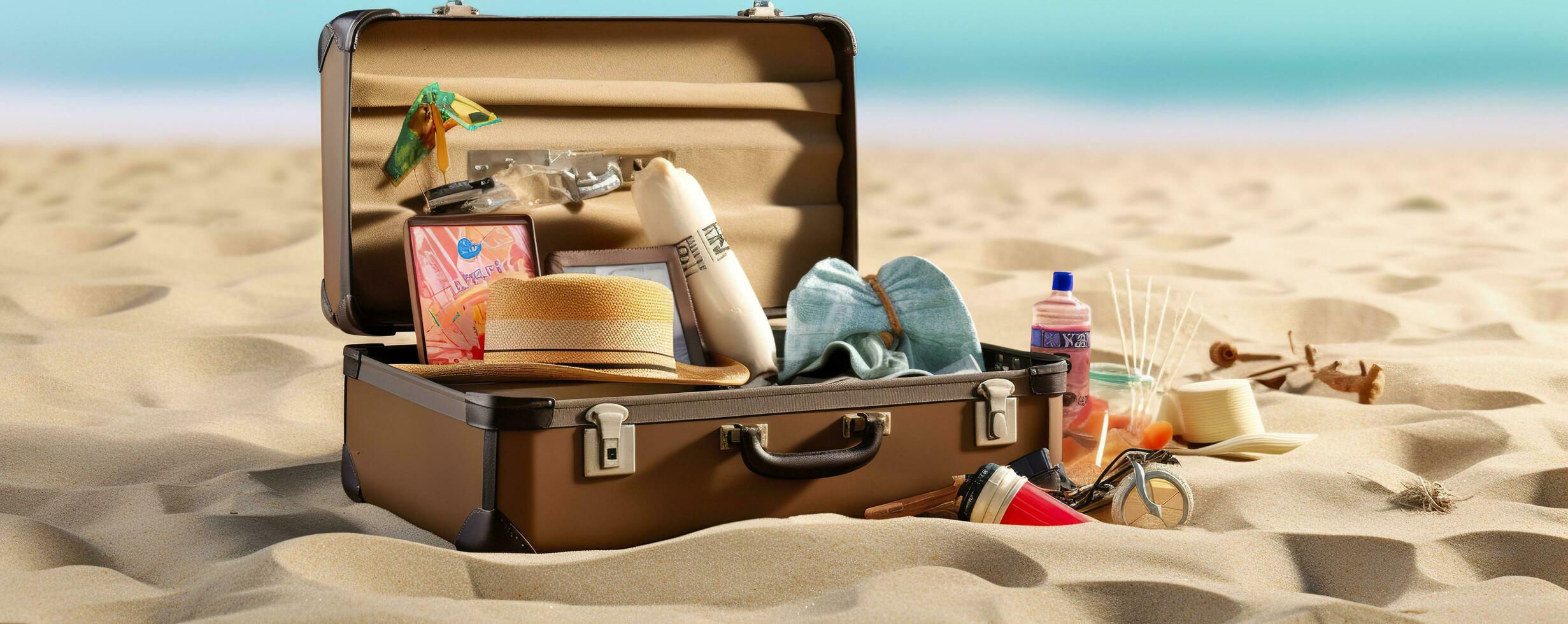 ai généré plage préparation, accessoires dans valise sur sable. génératif ai photo