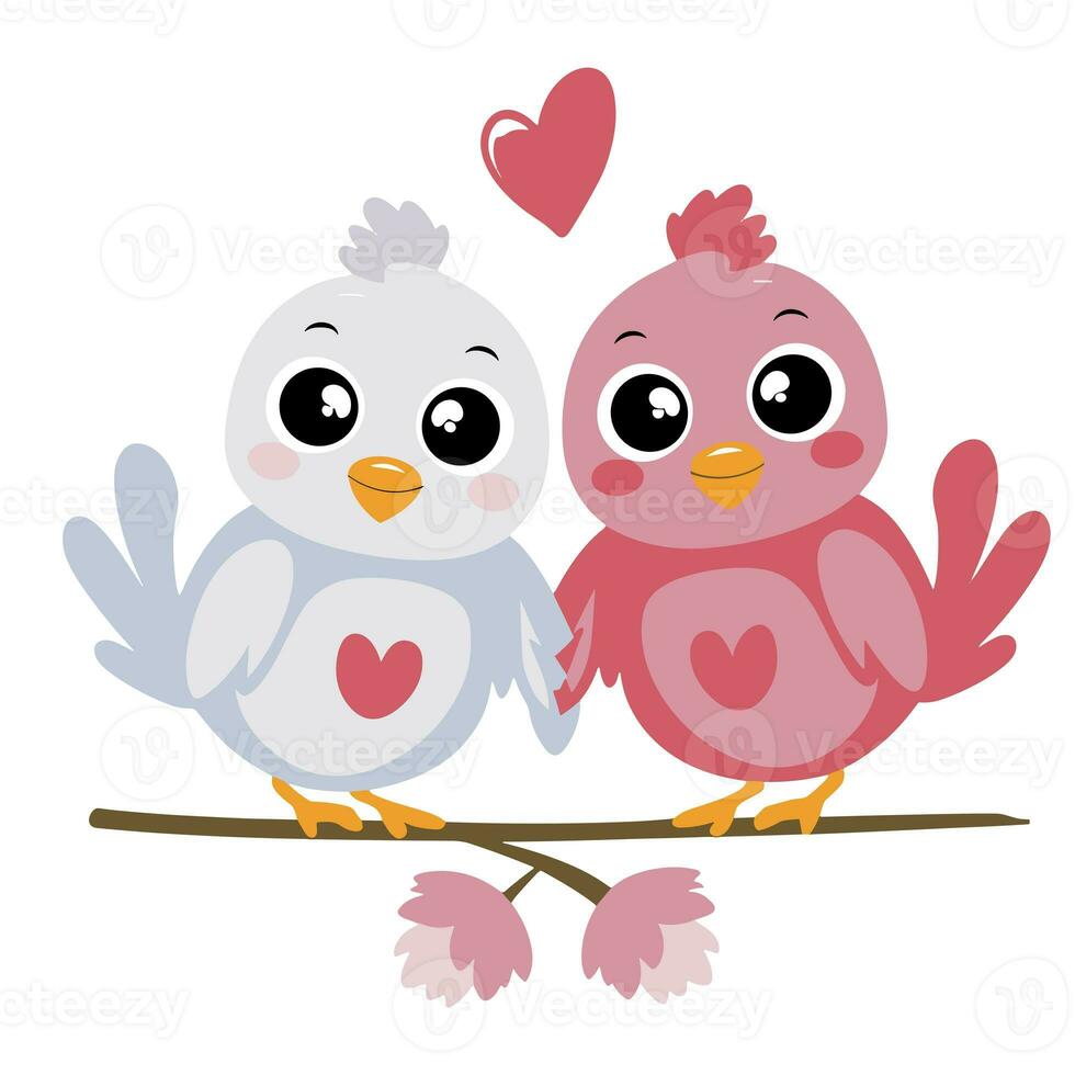 ai généré deux des oiseaux dans l'amour sur une brindille sur une blanc Contexte photo