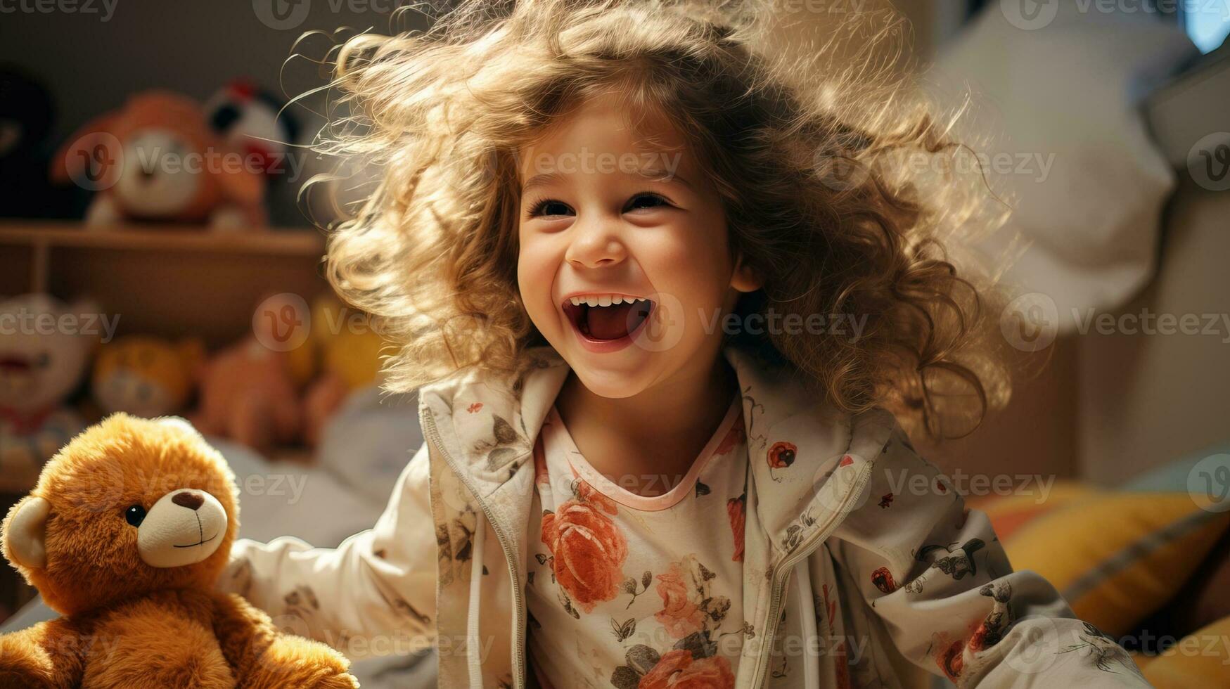 ai généré content peu fille sauts sur sa lit suivant à sa nounours ours. génératif ai photo