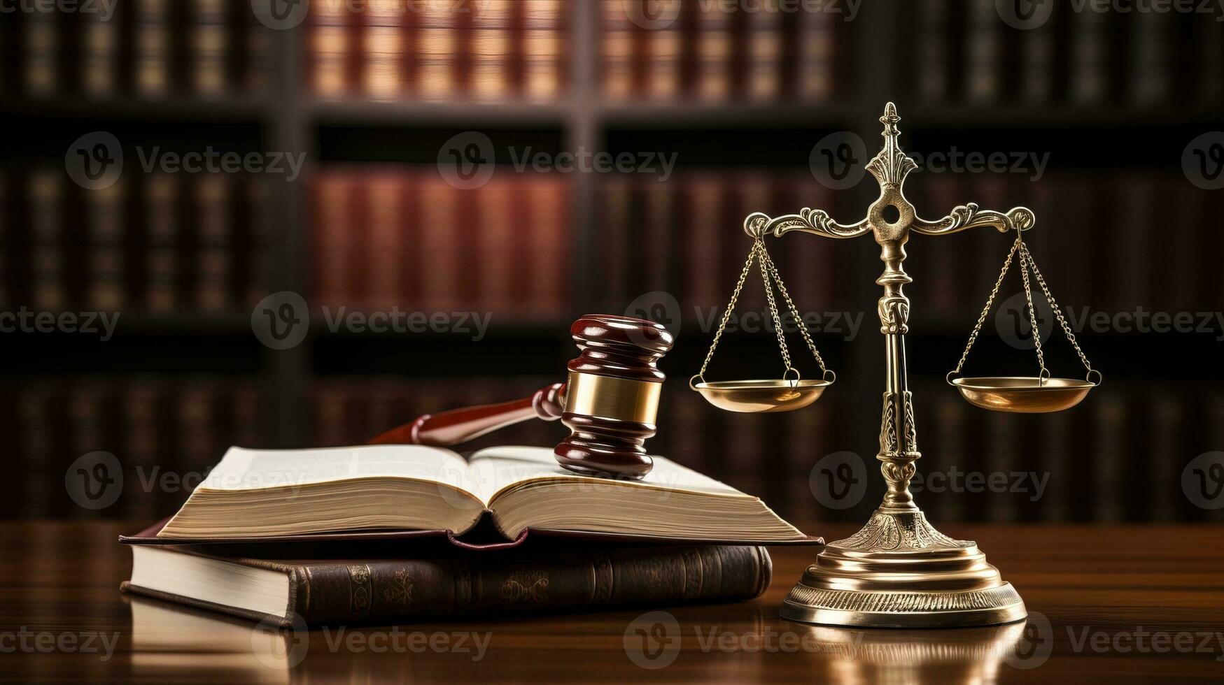 ai généré loi livres, marteau et Balance symbolisant Justice sur une tableau. génératif ai photo