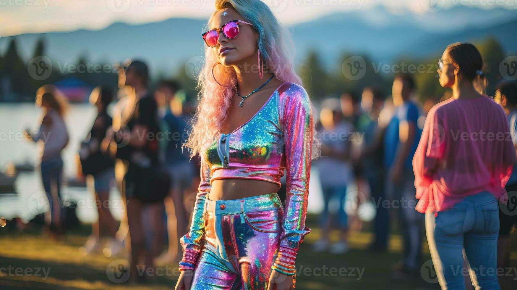 ai généré Jeune femme habillé dans vibrant Années 80 mode par le lac. génératif ai photo