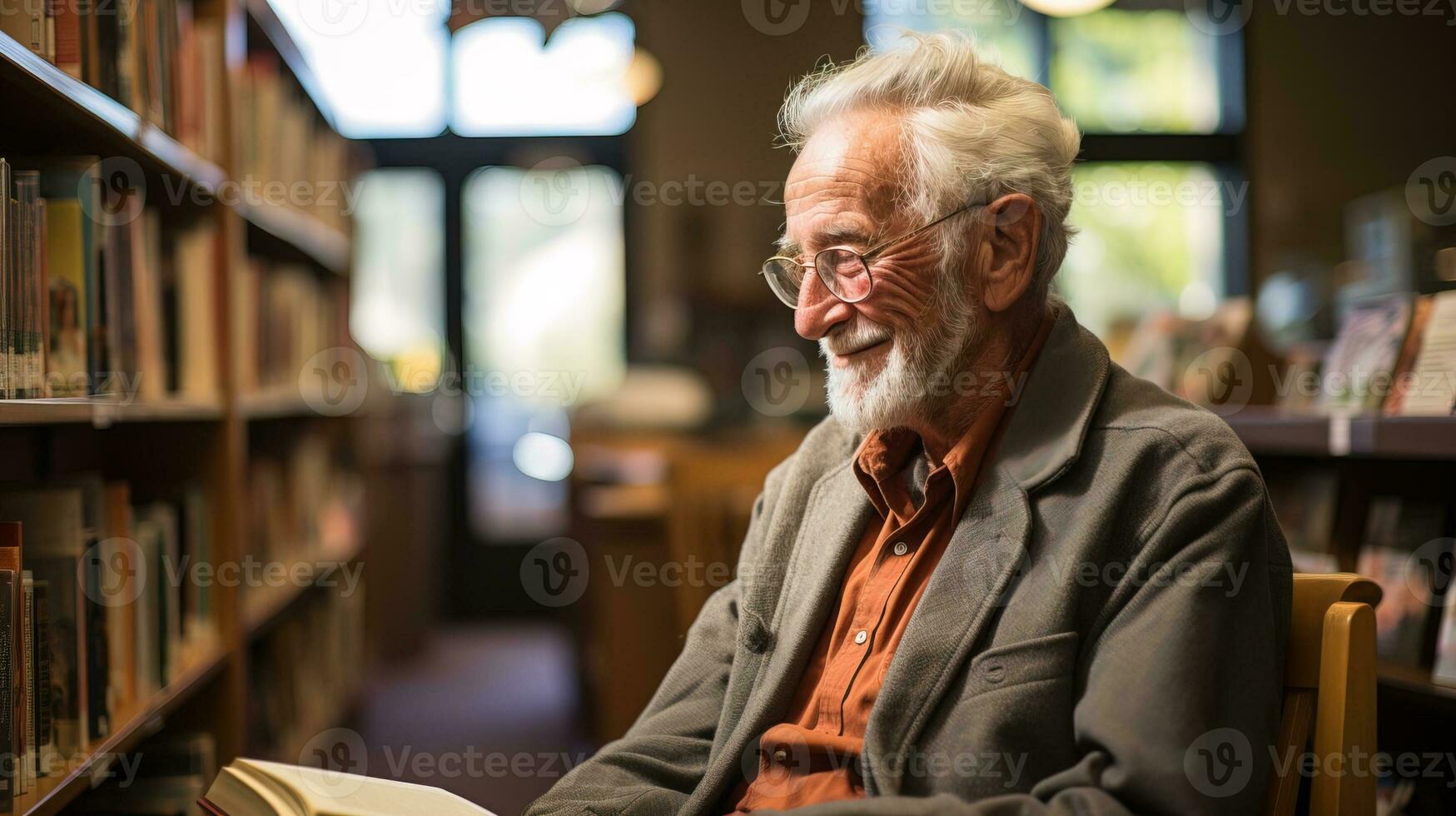 ai généré une retraité homme dans le bibliothèque est en train de lire une livre intensément dans une silencieux coin. génératif ai photo