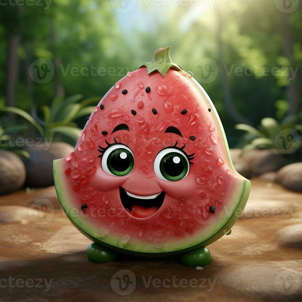 ai généré 3d réaliste dessin animé mignonne pastèque fruit photo