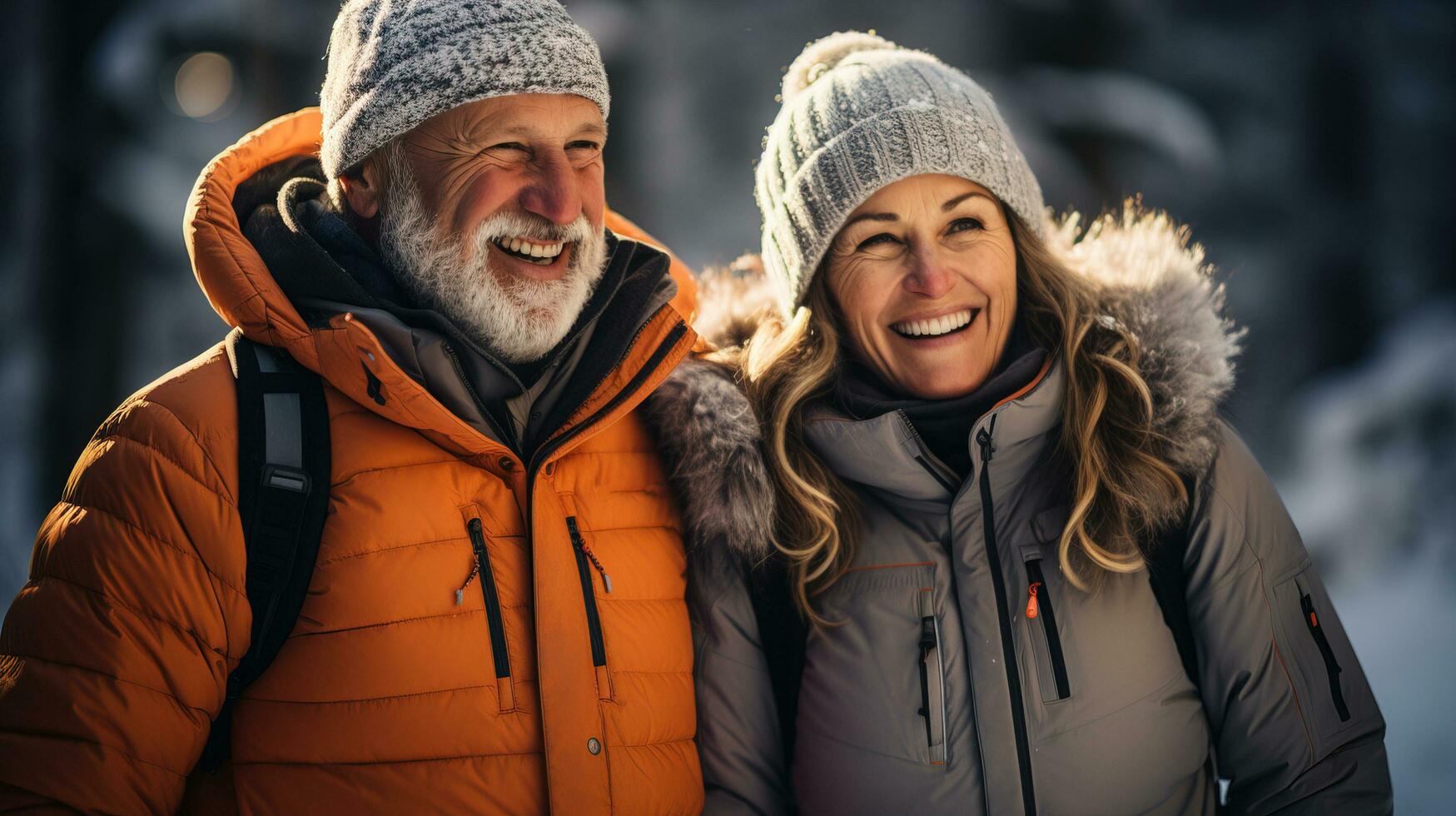 ai généré personnes âgées couple prise une hiver marcher dans une silencieux neigeux forêt. génératif ai photo