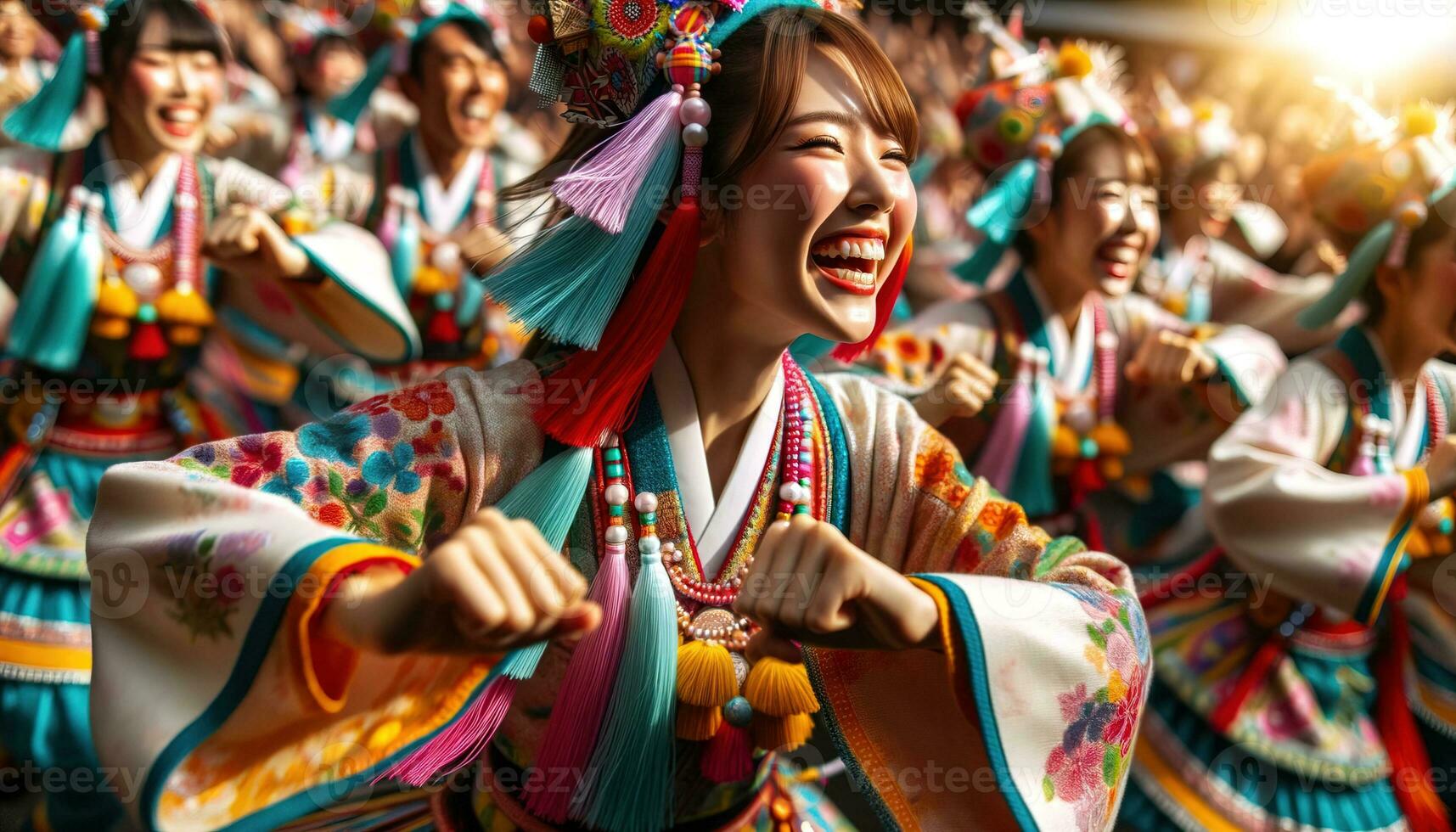 ai généré danseurs dans vibrant costumes célébrer à une local festival. génératif ai photo