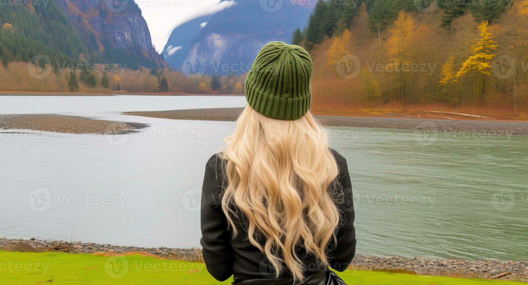 ai généré femelle promeneur dans hiver chapeau profiter calme Lac voir. génératif ai photo