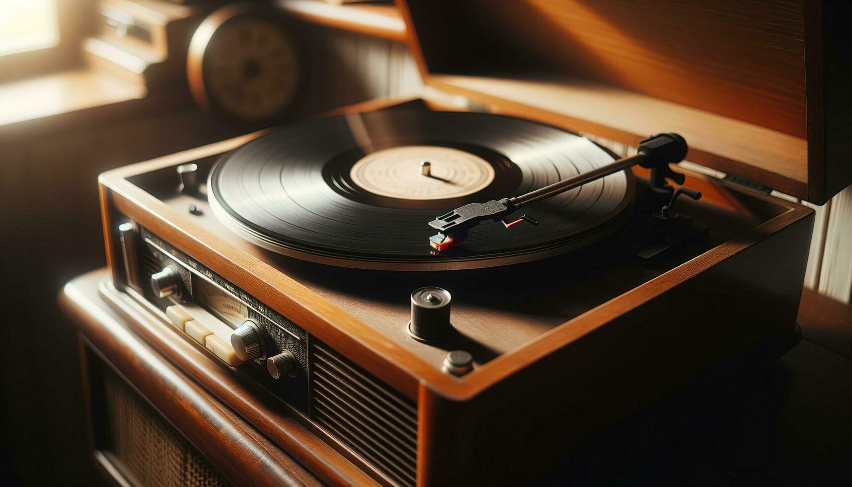 ai généré un vieux record joueur filage une ancien vinyle dans doux lumière. génératif ai photo