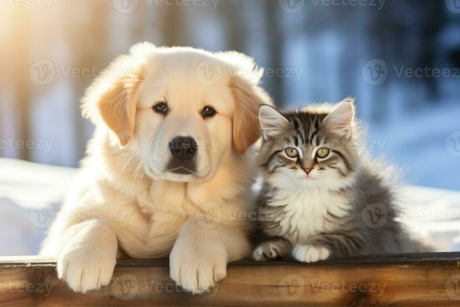 ai généré chiot et chaton, proche en haut chat et chien ensemble couché, ai génératif photo