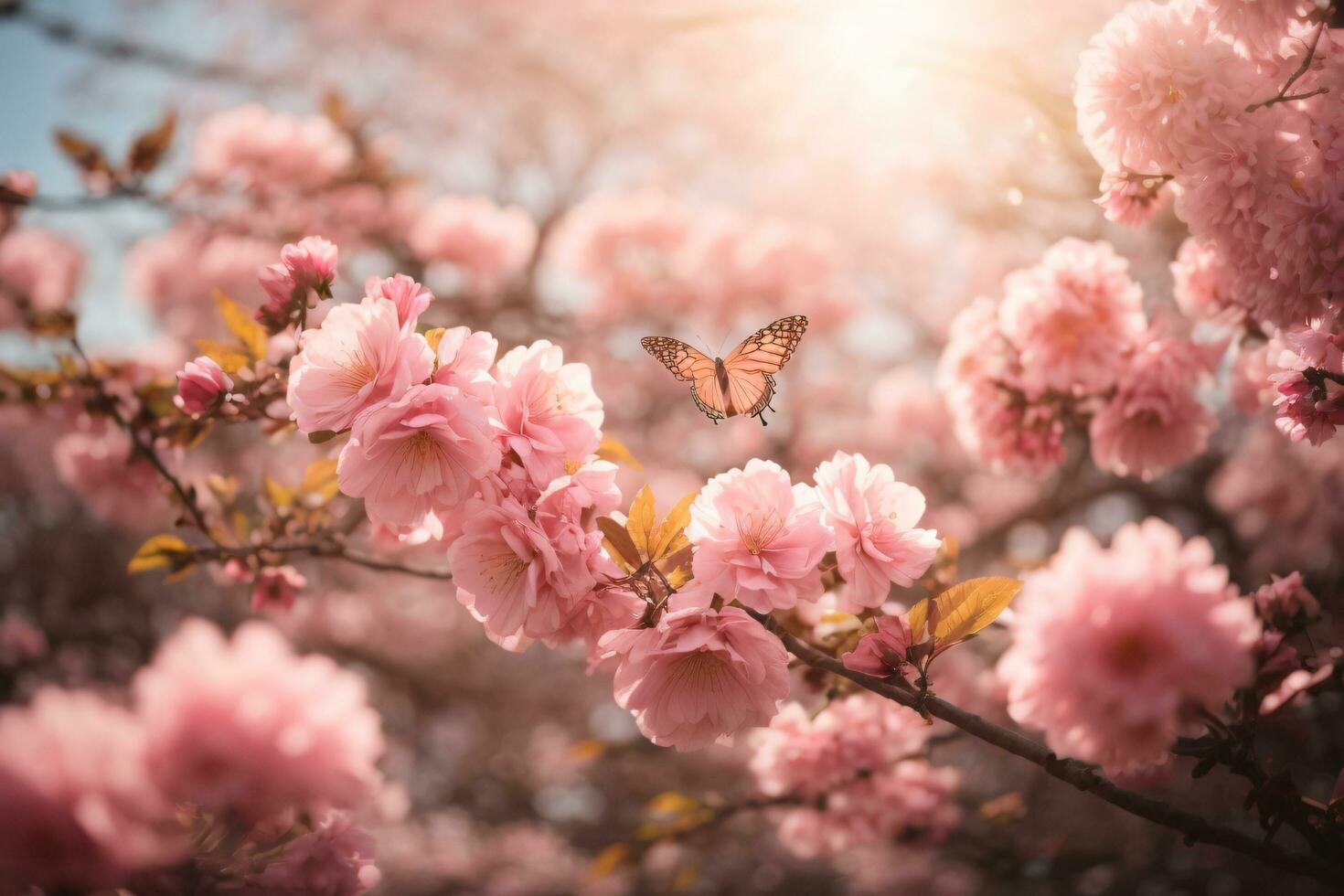 ai généré rose Sakura fleur jardin dans plein floraison, avec gracieux papillons voletant autour et le doux lueur de le Soleil filtration par le feuilles photo