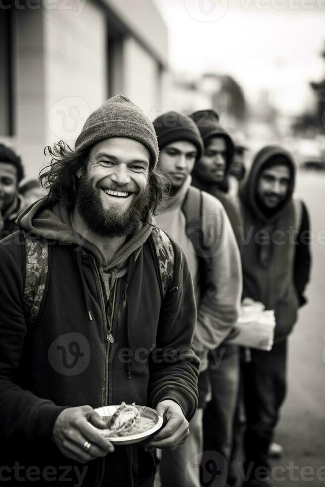 ai généré souriant sans abri homme en mangeant gratuit nourriture dans une rue cantine photo