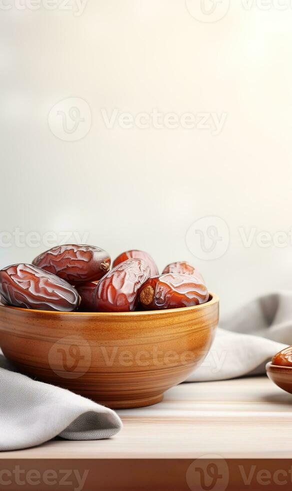 ai généré bol Rendez-vous sur en bois, blanc arrière-plan, Ramadan photo