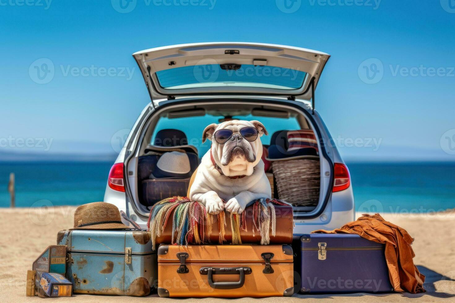 ai généré voiture tronc avec mignonne chien et bagage chien Voyage concept génératif ai photo