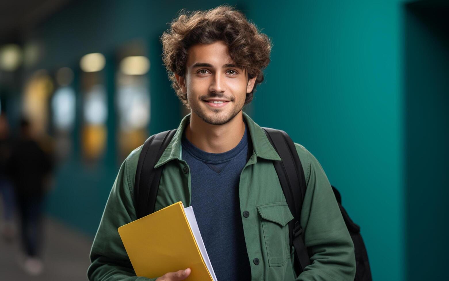 ai généré étudiant souriant avec école sac et carnet photo