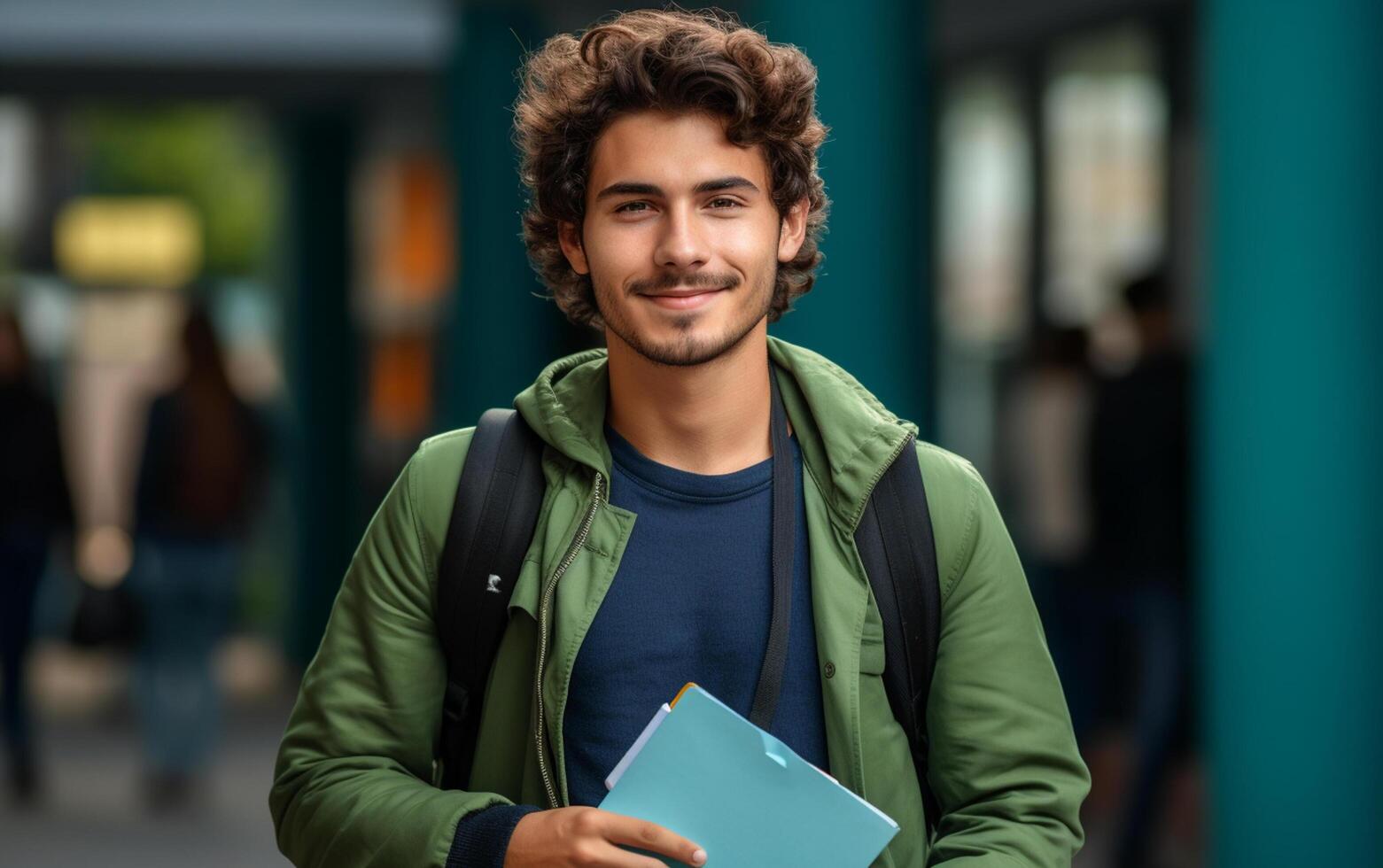 ai généré étudiant souriant avec école sac et carnet photo