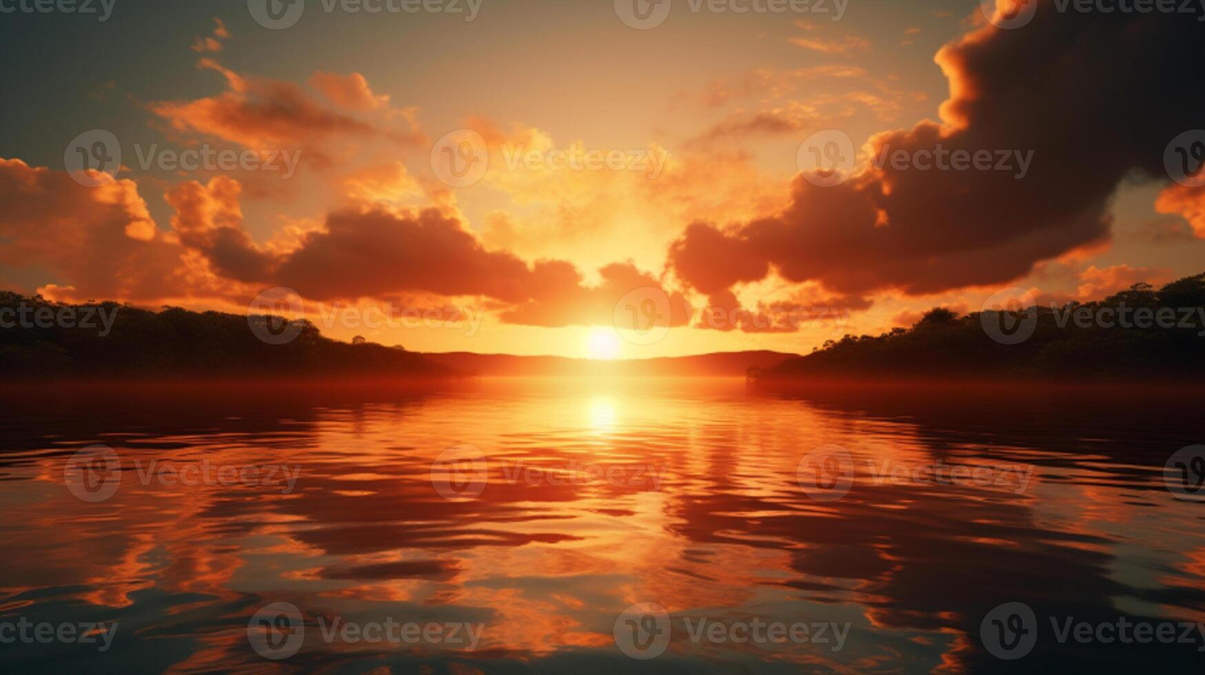 ai généré le coucher du soleil plus de le l'eau avec des nuages et des arbres photo