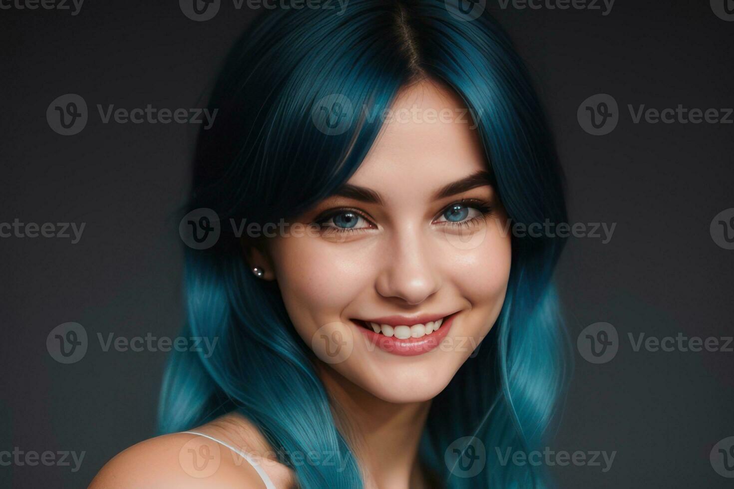 ai généré portrait magnifique bleu cheveux et yeux modèle femme avec blanc les dents sourire, en bonne santé longue cheveux et beauté peau sur foncé Contexte. concept de La publicité dentiste et faciale se soucier. génératif photo