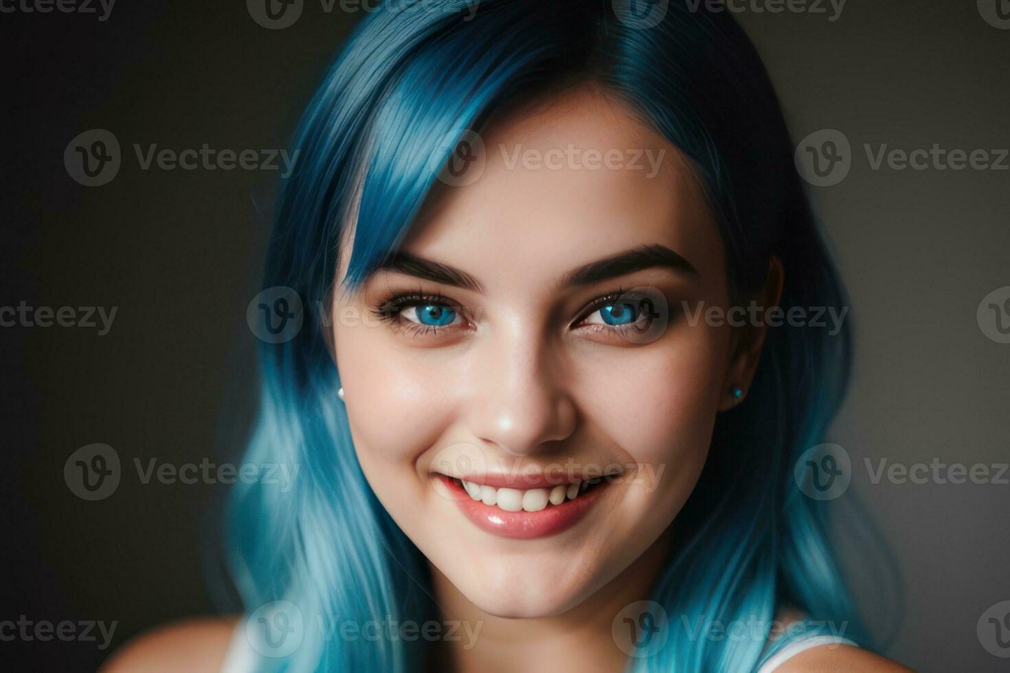 ai généré portrait magnifique bleu cheveux et yeux Jeune modèle femme avec blanc les dents sourire, en bonne santé longue cheveux et beauté peau. concept de La publicité dentiste et faciale se soucier. génératif ai photo