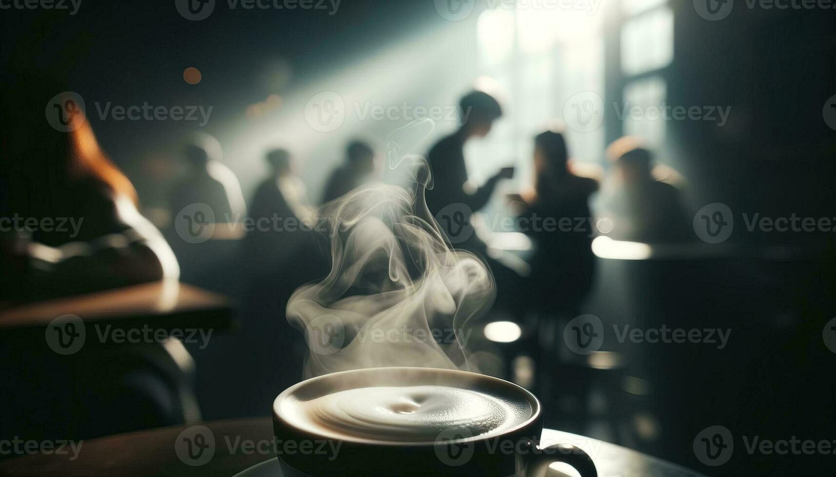 ai généré flou Les figures de café les clients dans le Contexte avec une chaud tasse de café sur le tableau. génératif ai photo