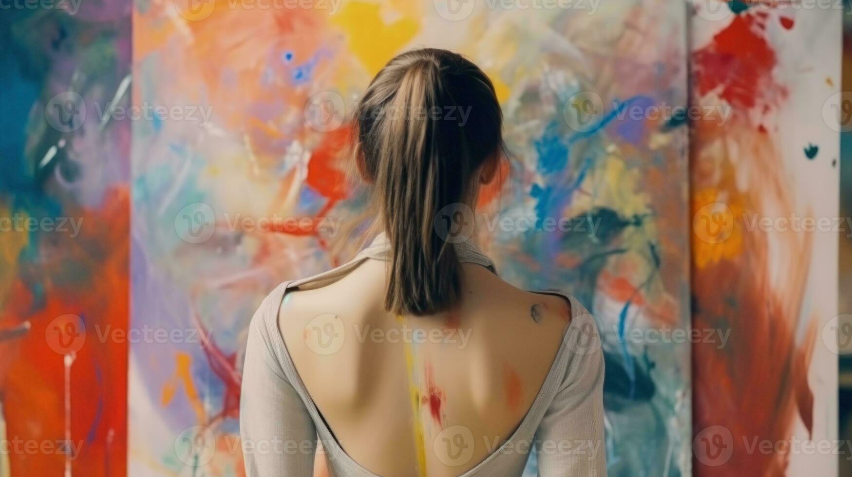 ai généré une Dame absorbé dans une coloré peinture, captivé par ses vibrant teintes. génératif ai photo