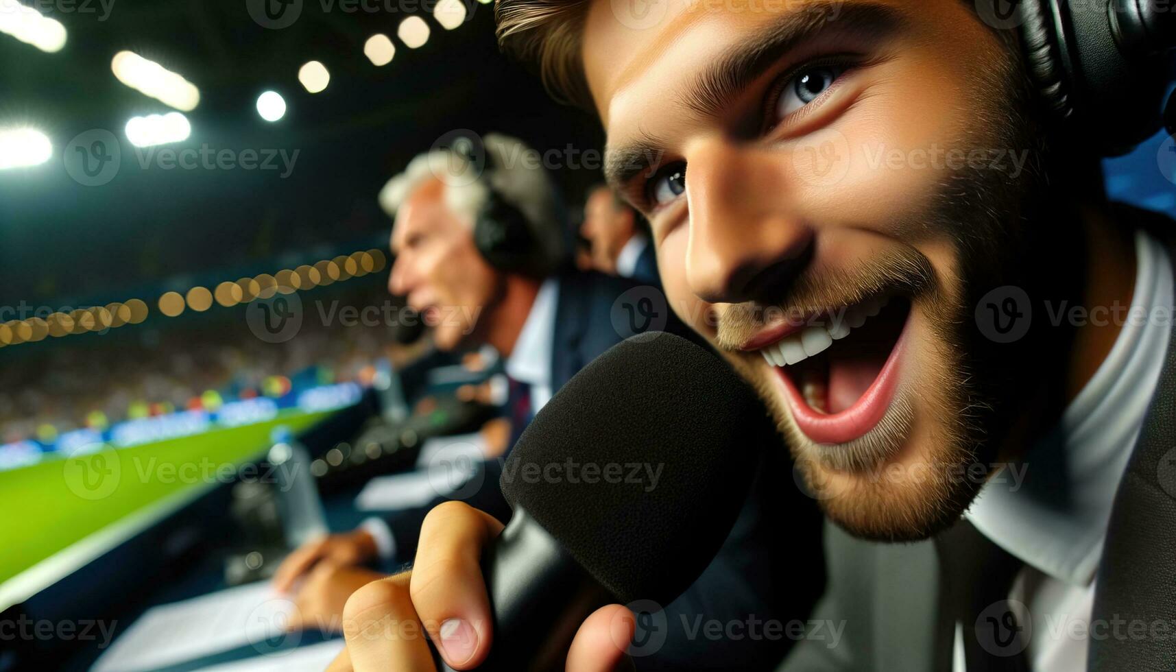 ai généré commentateurs sont couvrant une vivre rencontre dans une diffuser stand. génératif ai photo