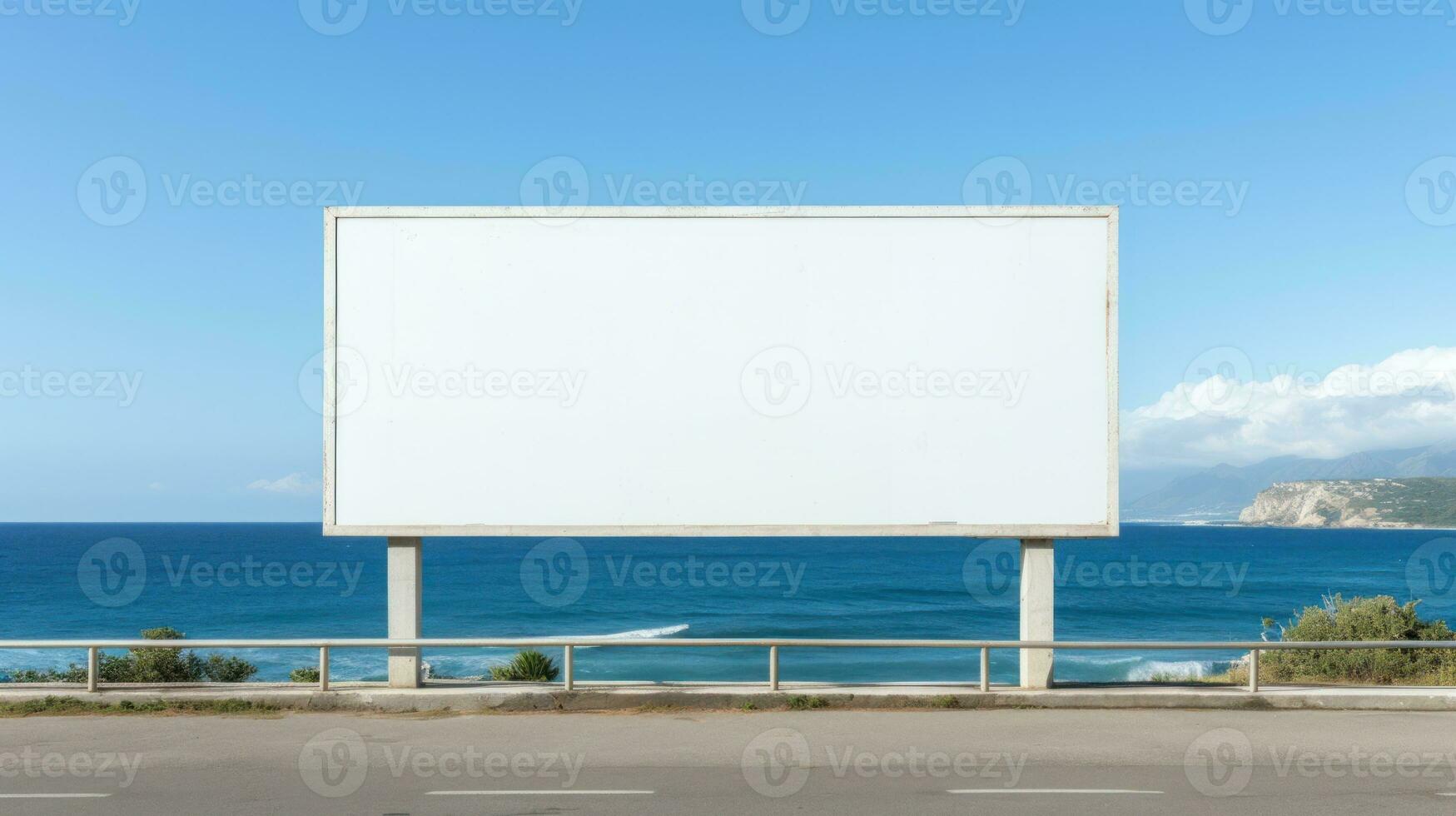 ai généré vide panneau d'affichage sur plage avec bleu ciel et mer. génératif ai photo