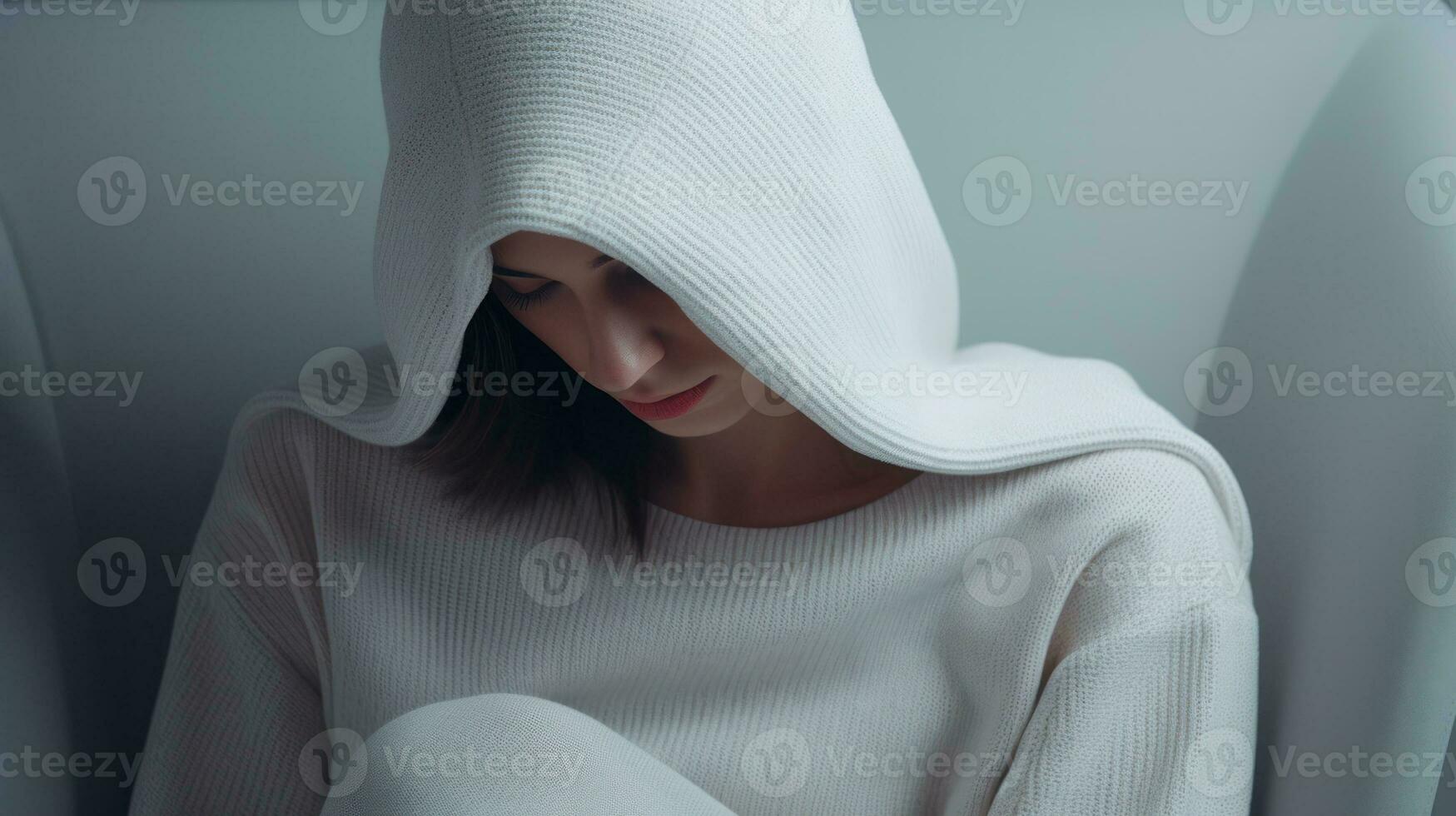 ai généré affligé fille séance sur le canapé dans le vivant chambre. génératif ai photo