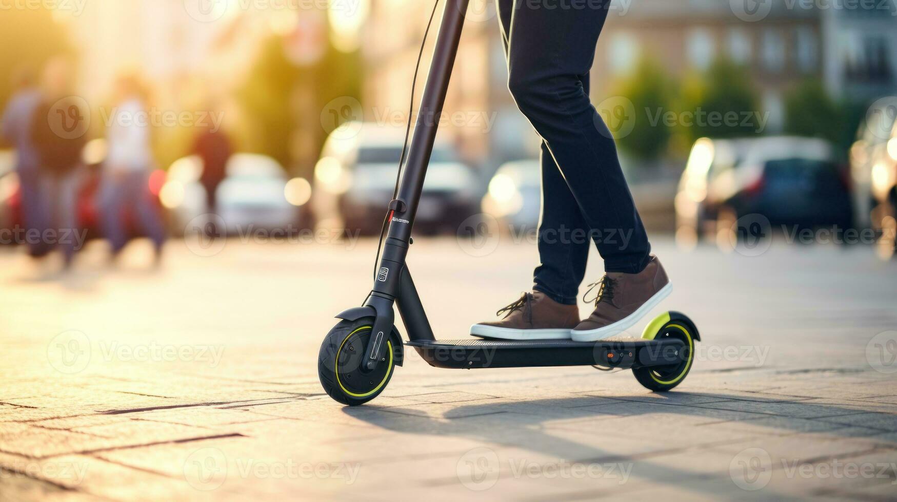 ai généré une la personne équitation un électrique scooter sur une ville rue. génératif ai photo