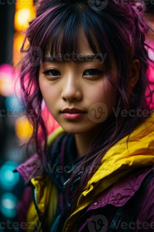 ai généré Jeune femme avec coloré cheveux dans néon lumières photo