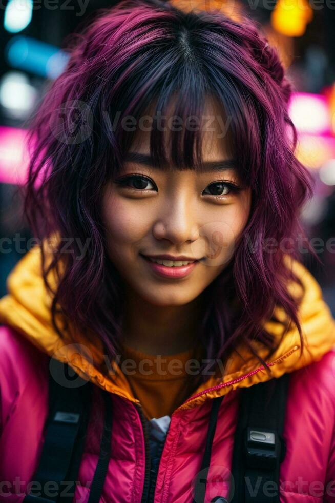 ai généré Jeune femme avec coloré cheveux dans néon lumières photo